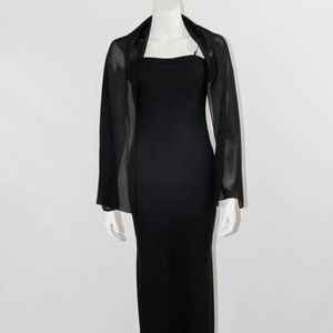 Vintage 90s Elegant Black Dress + Shawl Rhinstone Cocktail Formal Sz 8